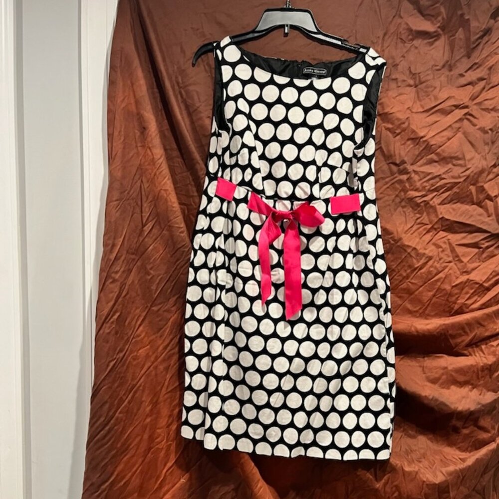 Jessica Howard Sleeveless Dress White Polka Dots Pink Ribbon Size14W